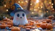 © medalinebow - Adorable 3D Render of a Baby Ghost Wearing a Tiny Witch Hat Surrounded by Autumn Leaves and Pumpkins