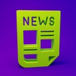 © Iryna - Green News icon isolated on purple-blue background. Newspaper sign. Mass media symbol. Minimalism concept. 3D render illustration