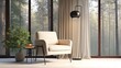 © Jinhao - a modern floor lamp with a black metal frame and round shade stands beside an armchair in front of large windows overlooking the forest outside. the room has neutral tones with soft lighting