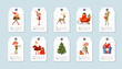 © Катерина Фирсова - Vector set of Christmas gift tags Santa with sleigh full of gifts, reindeer and cheerful elves, presents Cute winter holiday characters. Collection for holiday packaging, greeting cards, festive decor