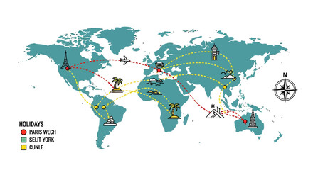  Travel Holiday Destinations World Map with Routes and Landmarks Adventure Journey Concept