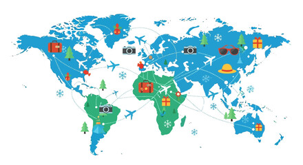  World map featuring travel icons airplane, suitcase, camera, sunglasses, hat, and other elements