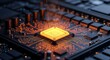 © Shafiul Muttaqin  - Closeup of a glowing yellow cpu chip on a dark, intricate circuit board with orange light emanating from the processor, symbolizing technology and innovation