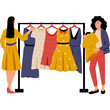 © koko - Two Women Selecting Dresses From A Clothing Rack With Yellow And Blue Dresses Displayed On A Black Metal Rack With A White Background
