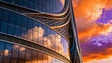 Curved glass skyscraper with lattice ribs reflecting orange sunset clouds, facade closeup in foreground, purple sky with dramatic cumulus in background, concept of futuristic architecture, innovation