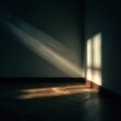 © kidmad - Interior scene featuring warm sunlight streaming through a window casting light on herringbone wood floor dark walls serene indoor space
