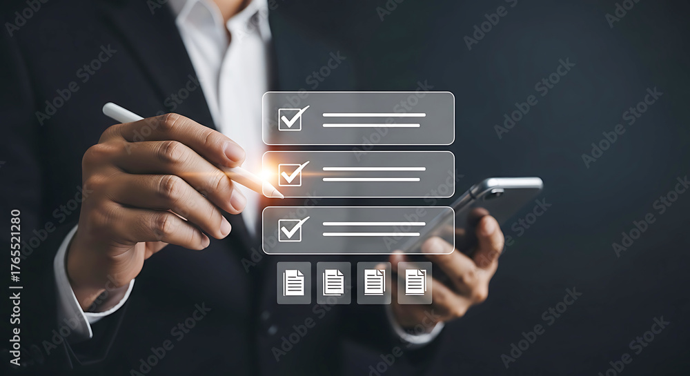 Person in suit using stylus on digital checklist with phone to do list ...