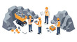 © Ophelia - Isometric quarry workers in safety gear at a construction site