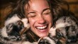 © Ruslan Gilmanshin - Joyful woman laughing with adorable puppies snuggling close to her face, showcasing pure happiness and unconditional pet love