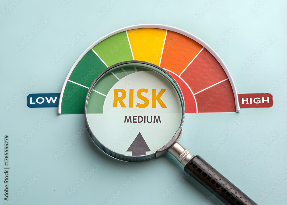 Medium Risk Visual Risk Assessment Gauge with Magnifying Glass: Low, Medium, High Levels ...