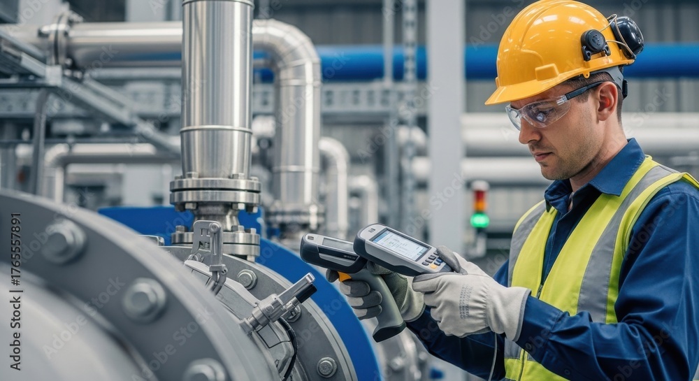 Industrial engineer conducting quality inspection on machinery for ...