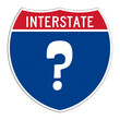 © Stuwdamdorp - Digital composite. ..Road sign Interstate highway with a question mark. ..Concept, where are you going, unknown destination, poor state of road maintenance...PNG file