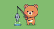© fantastic - A cute cartoon brown bear character happily catching a fish with a fishing rod.