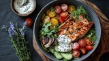 A vibrant bowl of grilled salmon atop fresh vegetables, cherry tomatoes, and a creamy dressing, garnished with herbs, showcased on a rustic wooden surface.