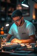 © Ilja - Focused Student Engaged in Late Night Studying at a Well-Illuminated Desk with Academic Materials