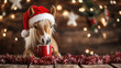 © syhin_stas - horse wrapped red santa cap in tinsel holding a tiny mug of hot drink with hooves, festive chaos around, funny Christmas meme, copy space,