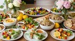 © Maureen - Colorful vegetarian feast with fresh spring rolls, quinoa bowls, hummus, and floral decor for a vibrant party spread
