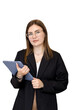 © Point of view - Portrait of a girl in a jacket and glasses with a tablet in her hands. Isolated portrait of a smiling girl on a transparent background.