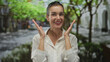 © Krakenimages.com - Woman covering mouth with both hands against an urban sidewalk lined with green trees on a sunny morning; gratitude.