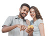 © kite_rin - Beautiful happy young couple using smartphone isolated transparent PNG, Joyful smiling woman and man looking at mobile phone. Love, travel, tourism, students lifestyle concept