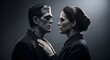 © Alvin - A powerful, stylized profile of Frankenstein's monster and the Bride of Frankenstein, dressed in modern black attire, staring intently at each other in a dramatic, high-contrast, black-and-white portr