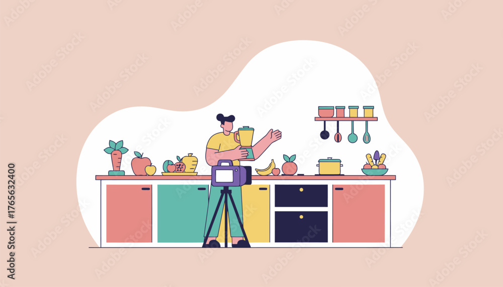 Food blogger filming a cooking show in a bright modern kitchen ...