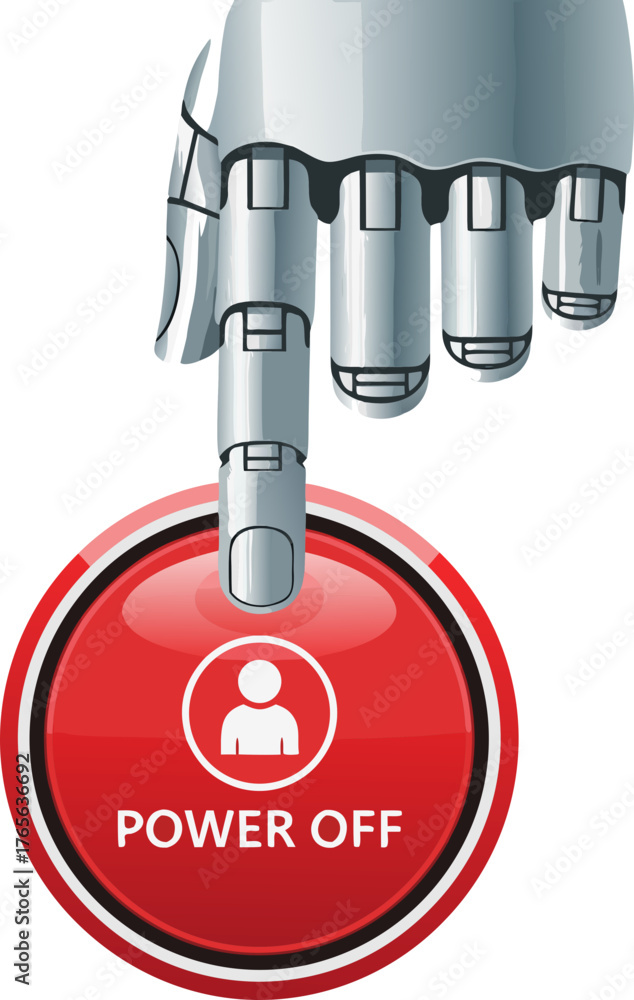 The threat of automation. A robotic hand presses the red Power Off ...