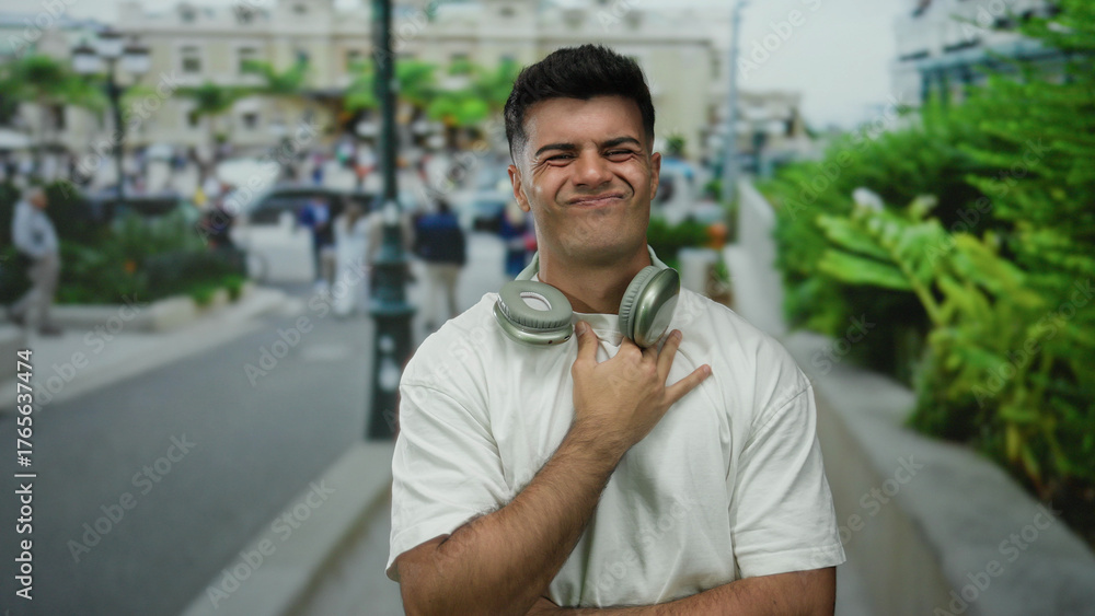 Young man with headphones around neck making expressions on city street with blurred background, wearing white shirt, showcasing a casual urban outdoor setting.