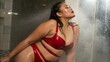 © RisanRisan - Beautiful Plump Body Asian Woman Model with Red Latex Lingerie Posing Standing and Seducing at Bathroom and Wet While Take a Shower
