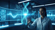 © ADD PHOTO - Female scientist in laboratory interacts with virtual DNA helix futuristic technology molecular structure digital interface innovation research blue light focused expression