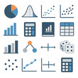 © Іван Ніколов - Statistical Data Icons. Pie chart, bell curve, regression curve, scatter plot, histogram, calculator, statistics book, sample data, bar chart