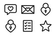 © Іван Ніколов - Valentine Icon Set. Valentine Quiz outline set: chat bubble, envelope, key, heart lock, checklist, star.