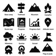 © Іван Ніколов - Alpinist Icon Set. Alpinist journey and milestones icons in silhouette. Base camp, trailhead, mountain summit, campfire, route map, climbing journal