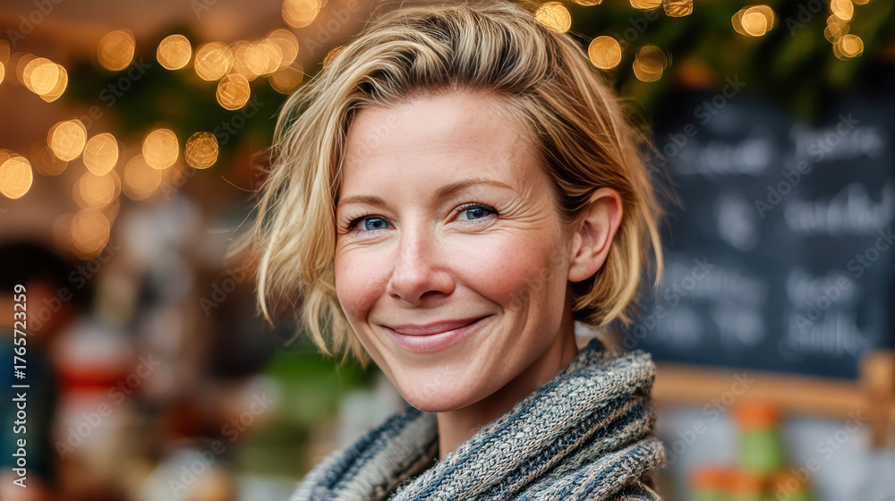A woman with a short blonde hair and a smile on her face. She is wearing a gray and white scarf