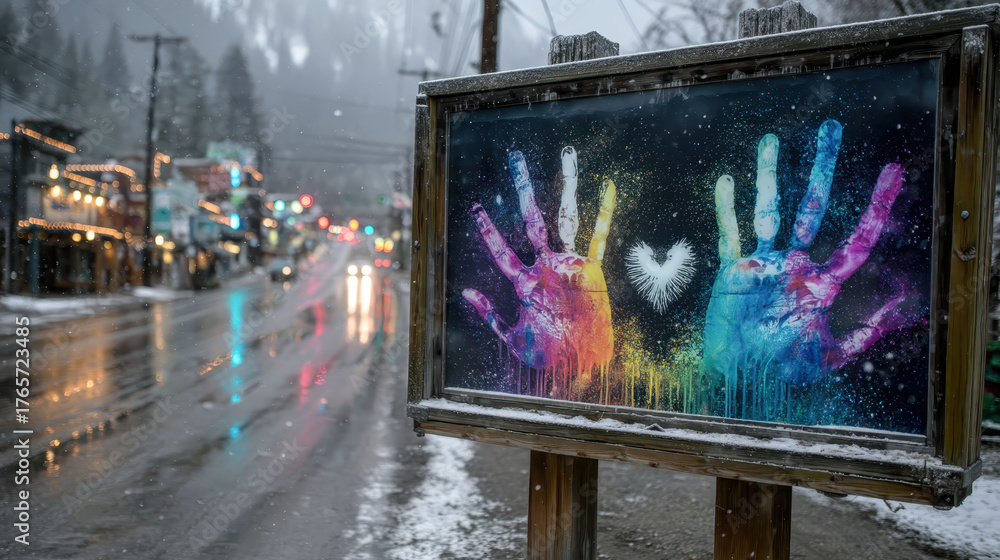 A sign with two hands painted on it with hearts in the middle. The sign is on a wet road in the snow