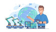 © Ris - Smiling manager or engineer checking and controlling industrial automation robots and global network technology on a tablet, with a digital dashboard and world globe in the background, representing