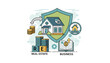 © Ris - Conceptual illustration of real estate and business insurance, featuring a house under a protective shield, stacks of coins, apartment buildings, and an open book with a dollar sign, symbolizing