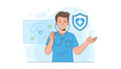 © Jeremy - A friendly doctor in blue scrubs holds a stethoscope, symbolizing healthcare and medical expertise, with a digital network of health icons and a protective shield featuring a heart and cross in the