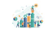 © Edlyn - Vibrant vector illustration depicting a collaborative business growth concept with diverse team members working together to achieve success, symbolized by upward-trending bar charts, gears, puzzle