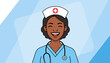 © Marinolh - Portrait of a smiling African woman nurse wearing a light blue uniform and cap with a red cross, holding a stethoscope, conveying care and professionalism in a modern flat illustration style with a