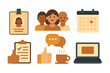 © icon_art - Essential business productivity symbols including profile badge, team, calendar, checklist, feedback, and laptop