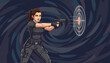 © Hades - Dynamic cartoon illustration of a determined woman in tactical gear aiming a handgun with precision at a target, a bullet in mid-flight, set against a swirling dark background, symbolizing focus and
