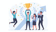 © Michael - Diverse team celebrating a successful business achievement with a golden trophy, confetti, and a rising arrow graph symbolizing growth and victory, representing teamwork and accomplishment in a