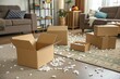 © Jason - open package box with protective foam scattered in living room. Shopping aftermath