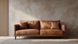 © MACHATOMI - Warm-toned modern interior with brown leather sofa, soft light highlighting texture, minimalist clean wall background mockup scene