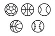 © icon_art - Minimalist outline symbols for popular sports equipment including soccer, basketball, tennis, and baseball