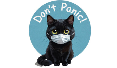  a black cat wearing a medical face mask is centered on a teal circular background with the words 
