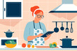© Pierre - Woman using a digital device or assistive technology for visual impairment. Person cooking dinner at home with tablet, glasses and headphones for accessibility and independence