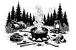 © Elena - Black and white drawing of a campfire with a pot of food on it. The drawing has a mood of warmth and comfort, and the idea is to evoke feelings of being outdoors