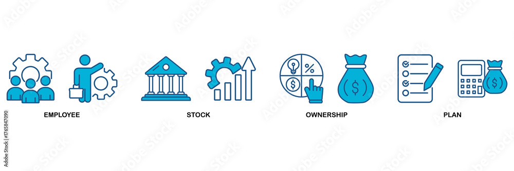 Esop icon set Blue Monochrome Flat Design concept for employee stock ...